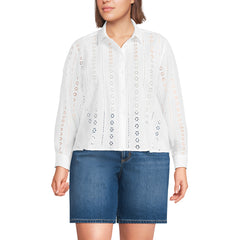 Women's Plus Size Eyelet Cropped Button Front Shirt