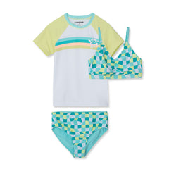Girls Chlorine Resistant Short Sleeve Rash Guard 3 Piece Swimsuit Set