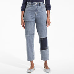 Women's Petite Soft Denim Mid Rise Relaxed Straight Crop Patchwork Jeans