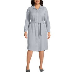 Women's Plus Size Long Sleeve Twill Below The Knee Belted Print Shirt Dress