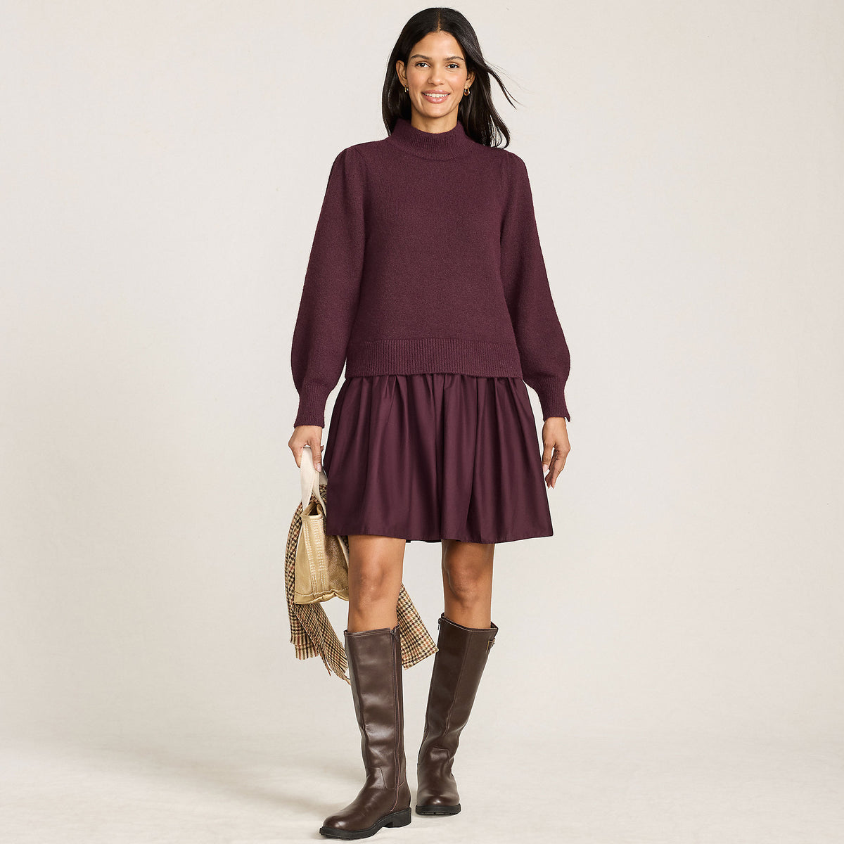 Women's Fuzzy Lantern Sleeve Mock Neck Mini Twofer Dress