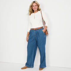 Women's Plus Size High Rise Soft Denim Pleated Wide Leg Trousers
