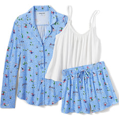 Women's Cooling 3 Piece Pajama Set - Long Sleeve Top Cami and Shorts