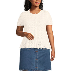 Women's Plus Size Drifter Pointelle Ruffle Hem Cardigan Sweater