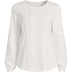Women's Plus Size Lightweight Jersey Lace Mix Long Sleeve Pintuck Top