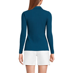 Women's Long Sleeve Pointelle Rib Keyhole Polo Top