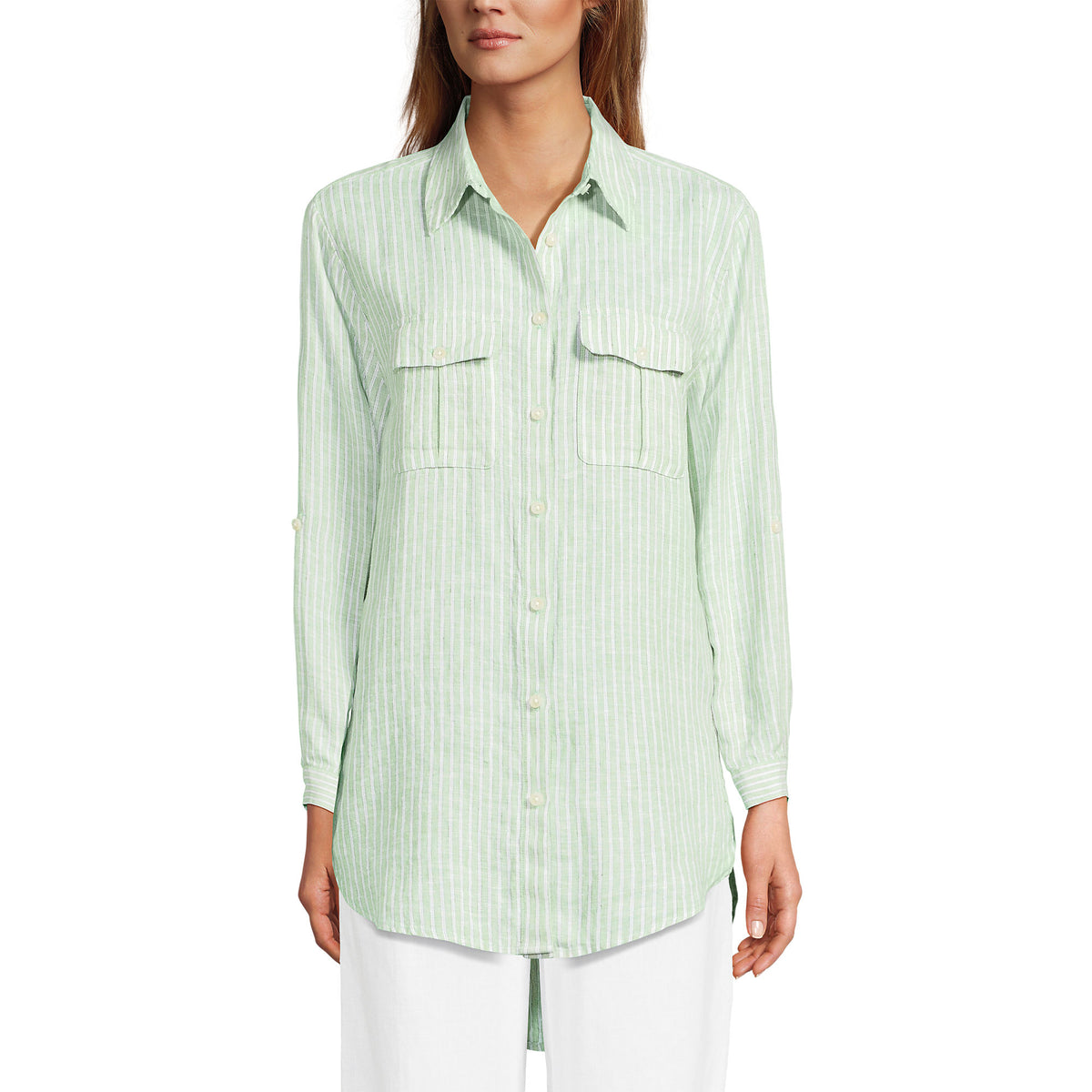 Women's Petite Linen Roll Sleeve Relaxed Tunic Top