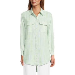 Women's Petite Linen Roll Sleeve Relaxed Tunic Top