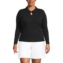 Women's Plus Size Long Sleeve Pointelle Rib Keyhole Polo Top