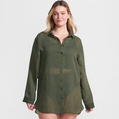 Women's Plus Size Rayon Rib Button Down Cover-Up