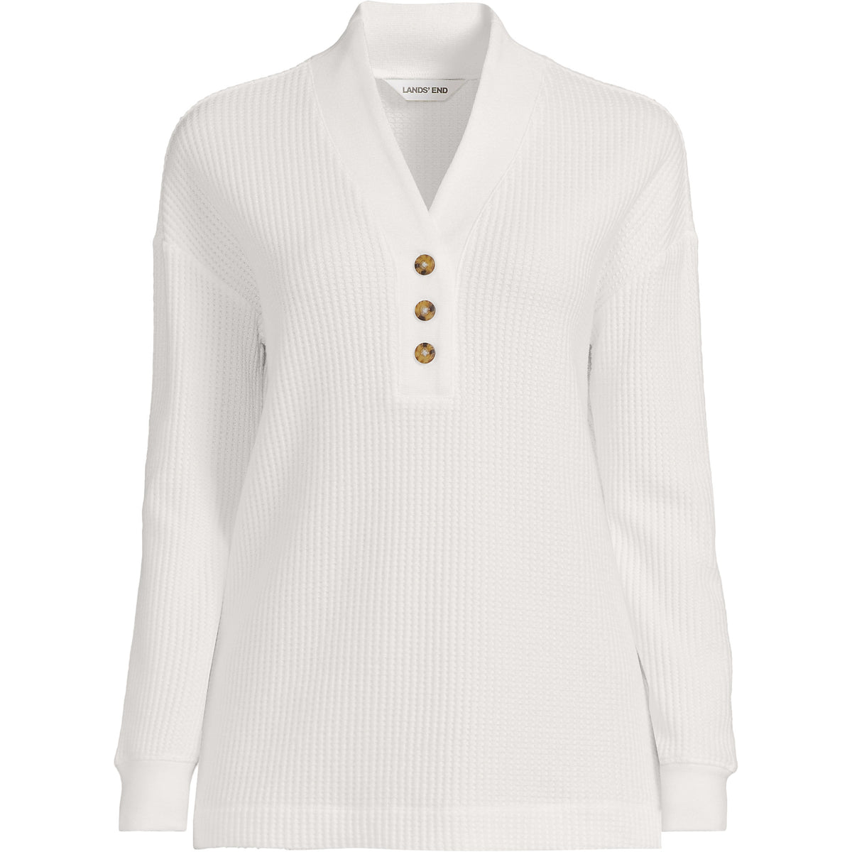 Women's Petite Long Sleeve Waffle Shawl Collar Henley