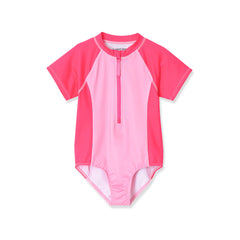 Girls Short Sleeve One Piece Half Zip Swimsuit