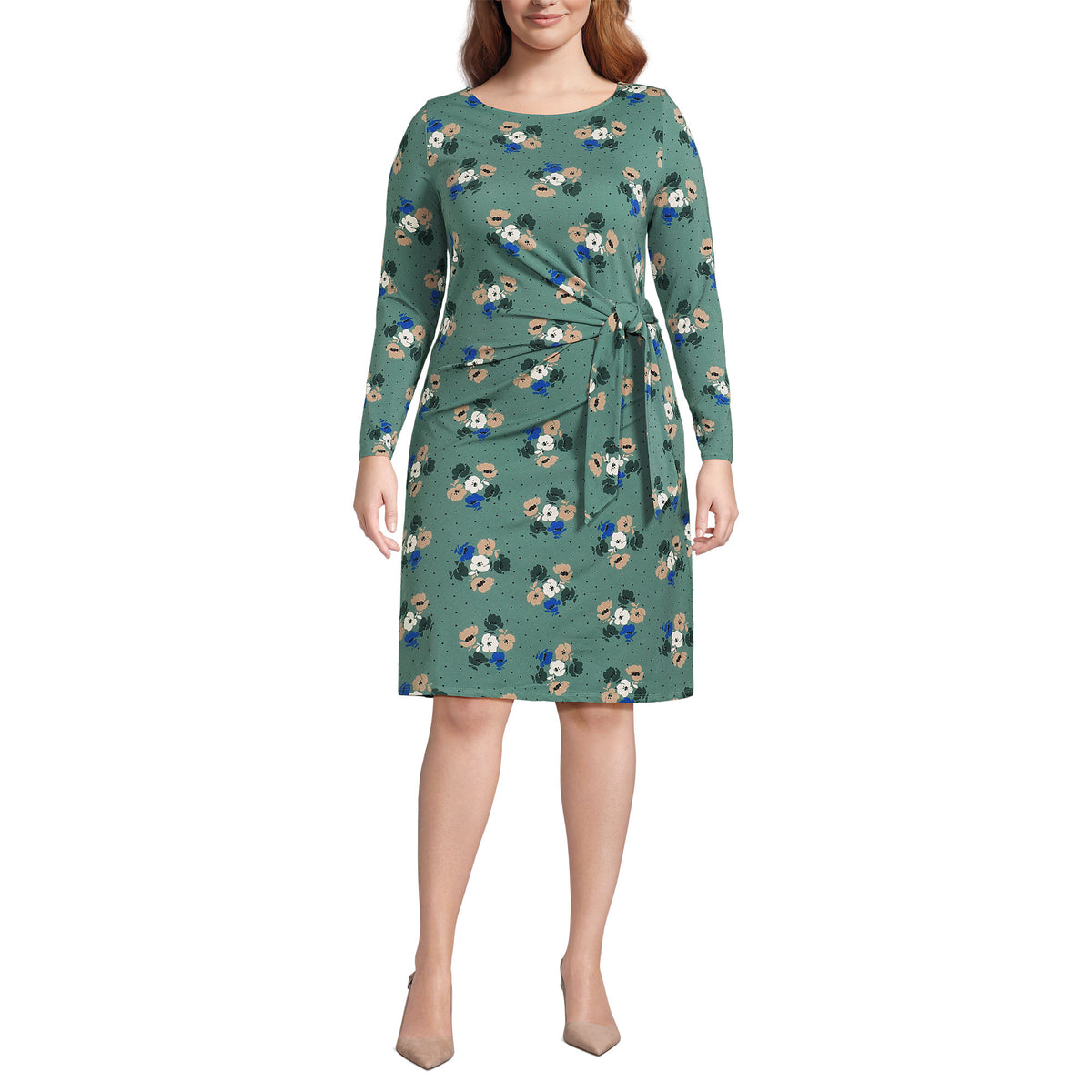 Women's Plus Size Boatneck Long Sleeve Tie Waist Dress